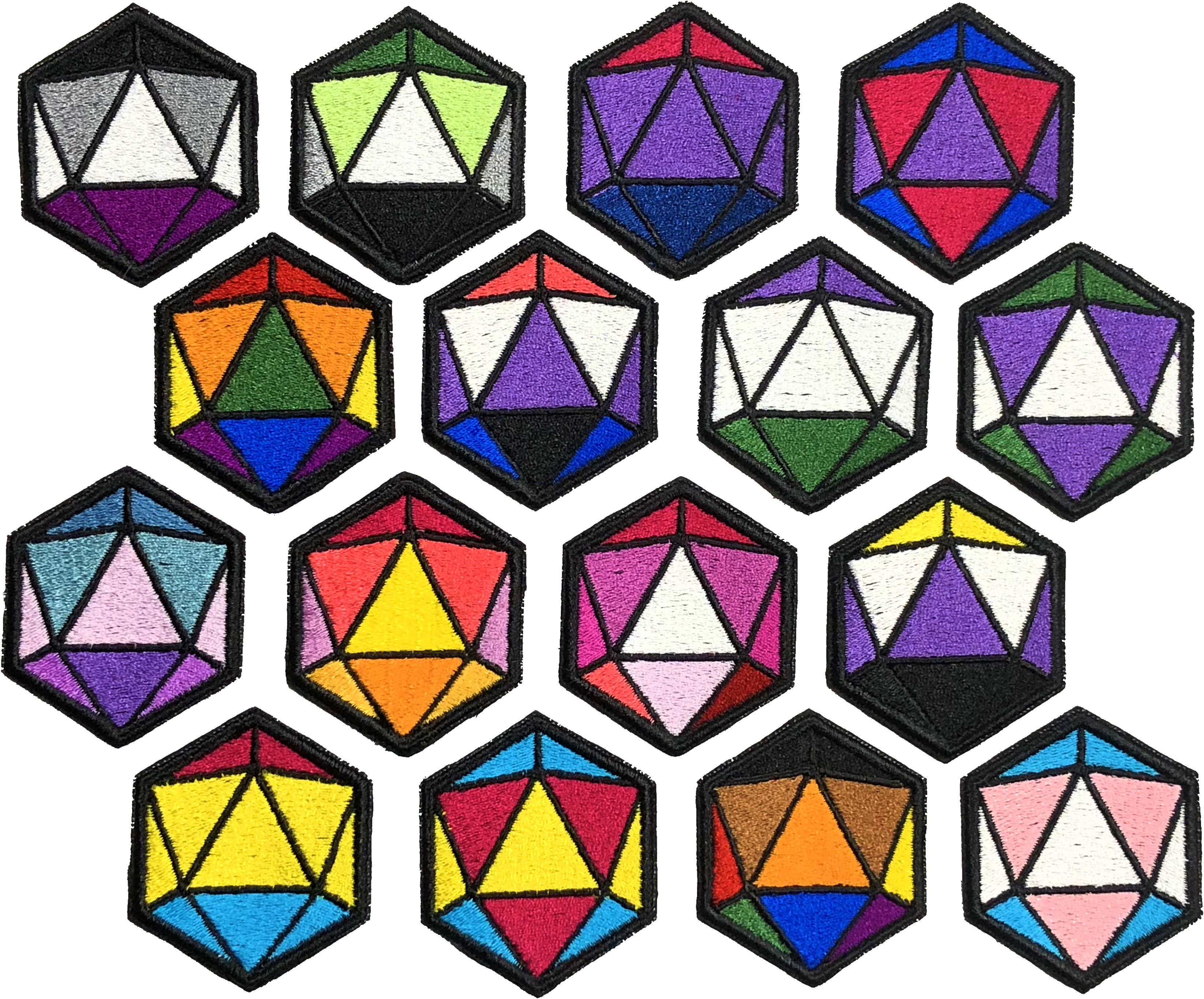Embroidery patches shaped like a d20 with different pride flag colors. The asexual, aromantic, bi, rainbow, genderfluid, genderqueer, Anurtransyl lesbian, Dawn lesbian, lipstick lesbian, nonbinary, pan, Philadelphia City Hall, and trans flags are ll represented.