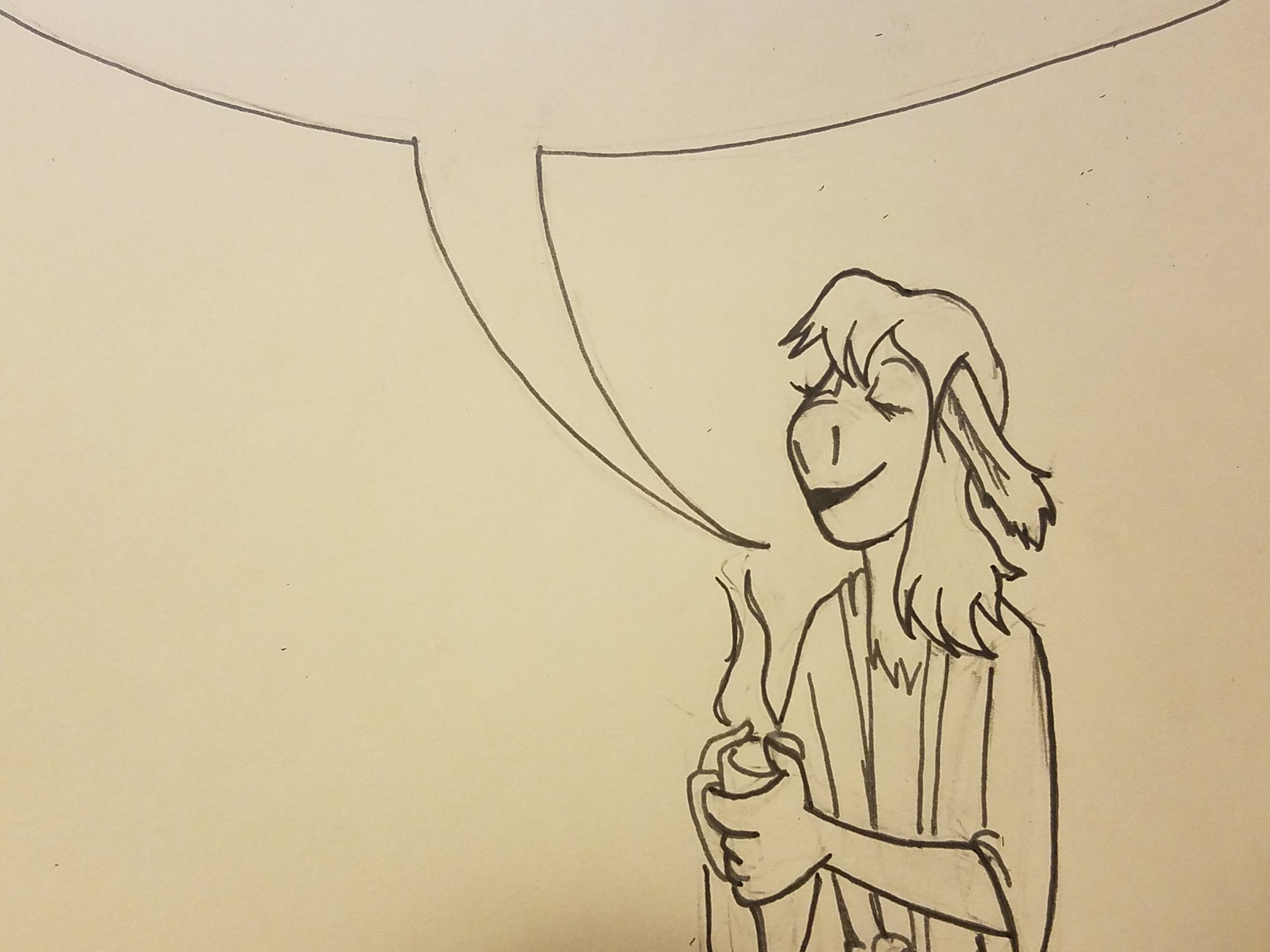 Line drawing of Caduceus Clay in a simple robe holding a mug of tea with an open word bubble suggestively encompassing the text above.